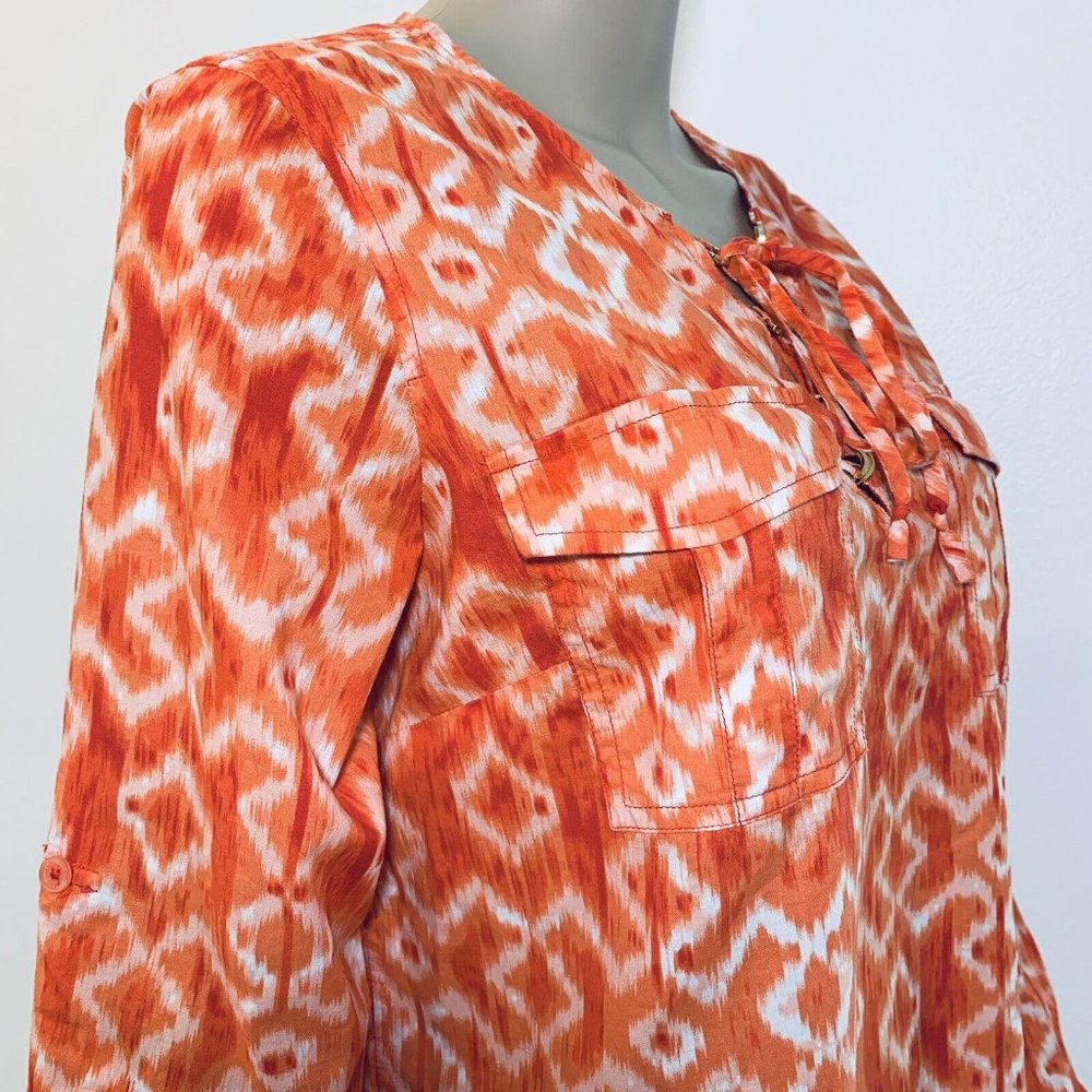 Michael Kors Women's Tunic Blouse Cotton Long Sleeves Orange Medium Size Pockets - Picture 5 of 11